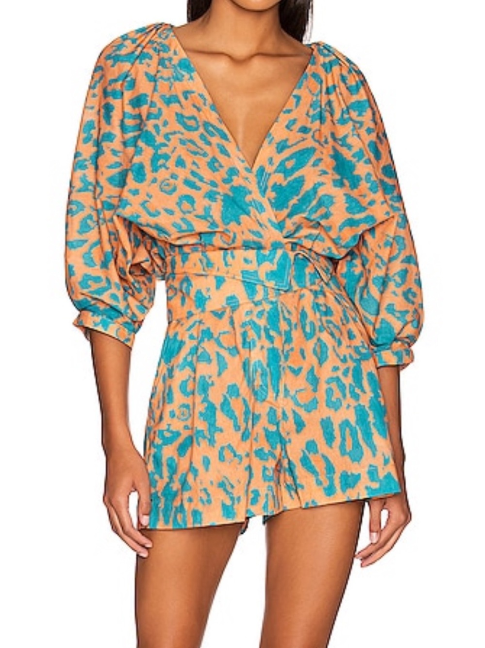 Agua Bendita Teal and Orange Printed Wrap Romper